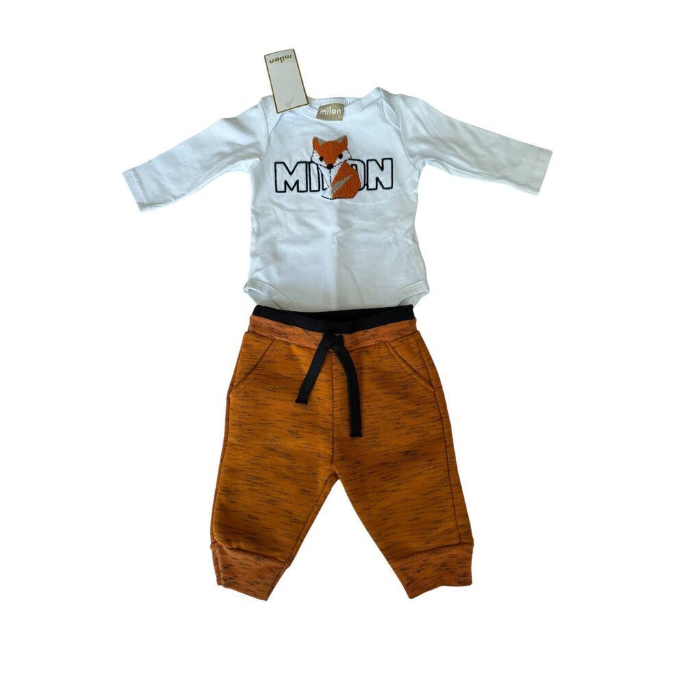 Milon Baby White/Brown Bodysuit And Pajama Two Piece Set Size P or 3 months